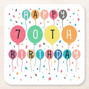 Colourful Happy 70th birthday with balloons Square Paper Coaster