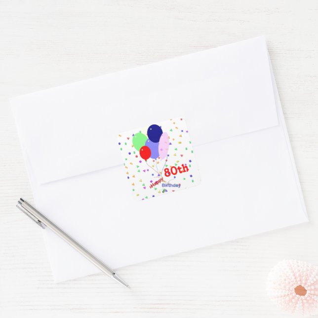 Colourful Happy 80th Birthday Balloons Square Sticker (Envelope)
