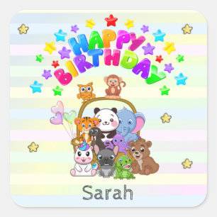 Colourful Happy Birthday Animals Custom Square Sticker