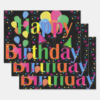 Colourful Happy Birthday Balloons and Stars Black Wrapping Paper Sheet