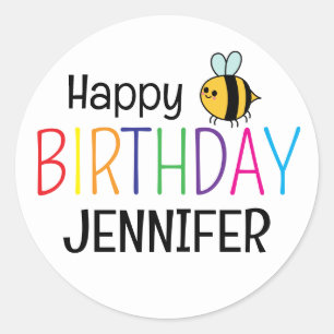 Colourful Happy Birthday Bee Personalised  Classic Round Sticker