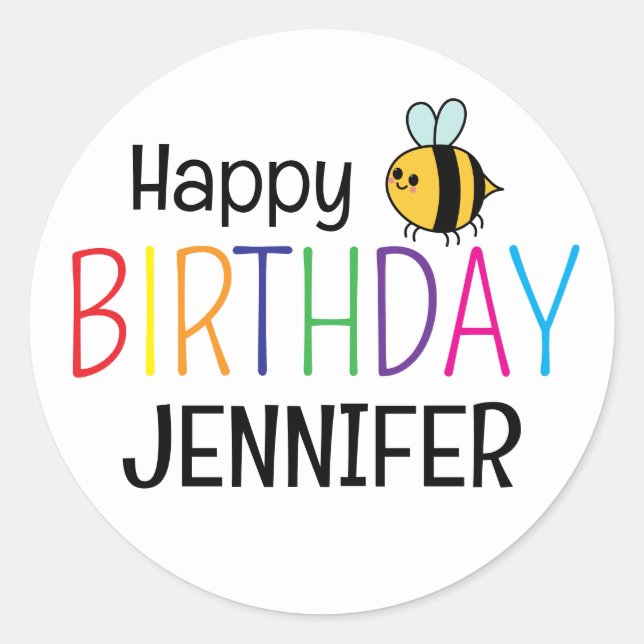 Colourful Happy Birthday Bee Personalised  Classic Round Sticker (Front)
