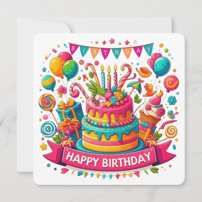 Colourful Happy Birthday Cake Celebration Invitation (Front)