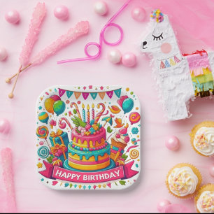 Colourful Happy Birthday Cake Celebration Paper Plate