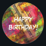 Colourful Happy Birthday Classic Round Sticker<br><div class="desc">Colourful Happy Birthday stickers add a special touch to the birthday cards you mail. Colourful stickers have a background pattern with main colours of pink,  green,  yellow,  red,  and black. "Happy Birthday" is written in white.</div>