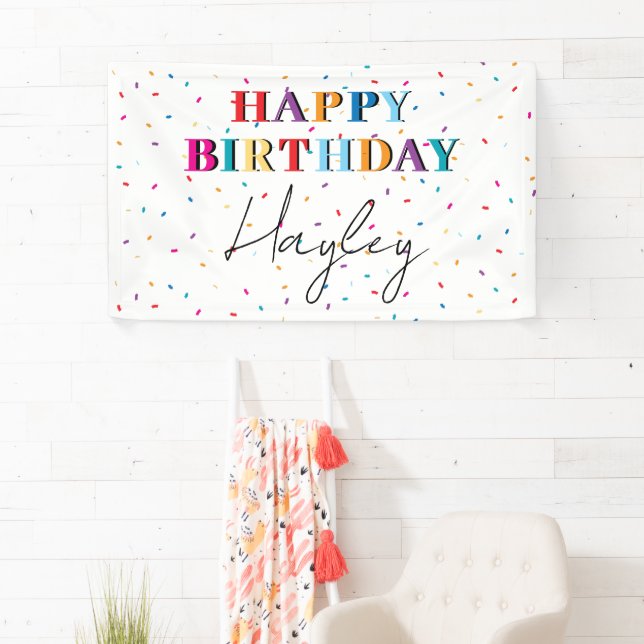 Colourful Happy Birthday Custom Name Confetti Banner (Insitu)