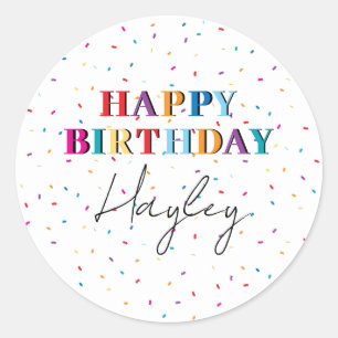 Colourful Happy Birthday Custom Name Confetti Classic Round Sticker