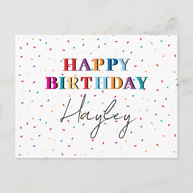 Colourful Happy Birthday Custom Name Confetti Holiday Postcard (Front)