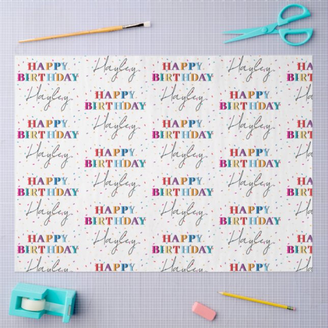 Colourful Happy Birthday Custom Name Confetti Tissue Paper (Craft)