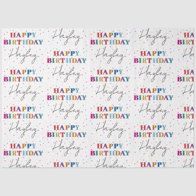 Colourful Happy Birthday Custom Name Confetti Tissue Paper (Front)
