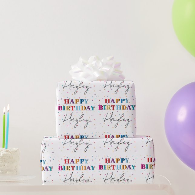 Colourful Happy Birthday Custom Name Confetti Wrapping Paper (Party Gifts)