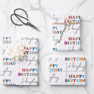 Colourful Happy Birthday Custom Name Confetti Wrapping Paper Sheet