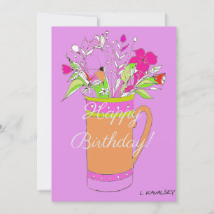 Colourful Happy Birthday Flowers In Mug Holiday Card
