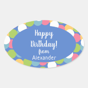 Colourful Happy Birthday from Name Blue Oval Sticker