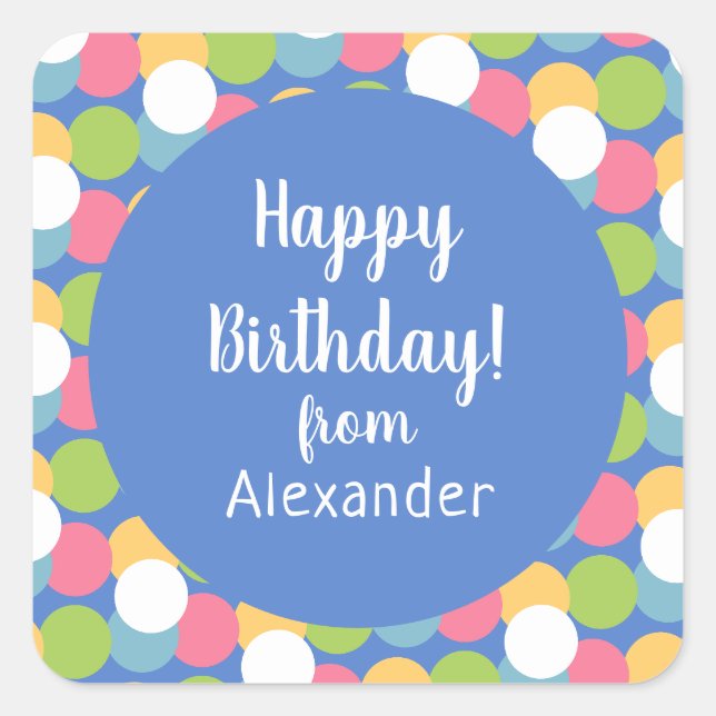 Colourful Happy Birthday from Name Blue Square Sticker (Front)