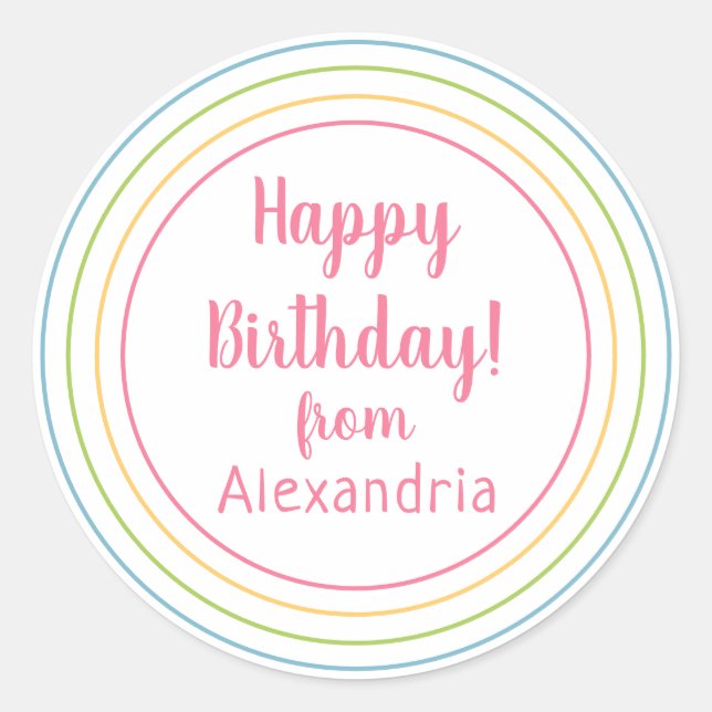 Colourful Happy Birthday from name Pastel Pink Classic Round Sticker (Front)