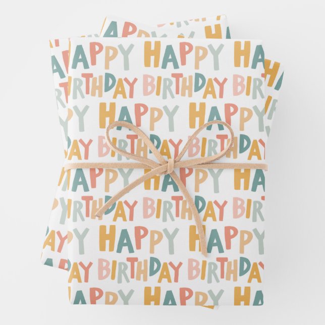 Colourful Happy Birthday Handlettering Pattern Gif Wrapping Paper Sheet (In situ)