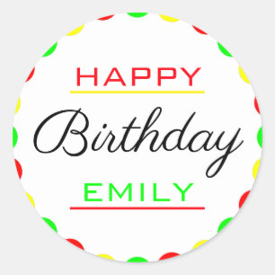 Colourful Happy Birthday Party Custom Name Classic Round Sticker