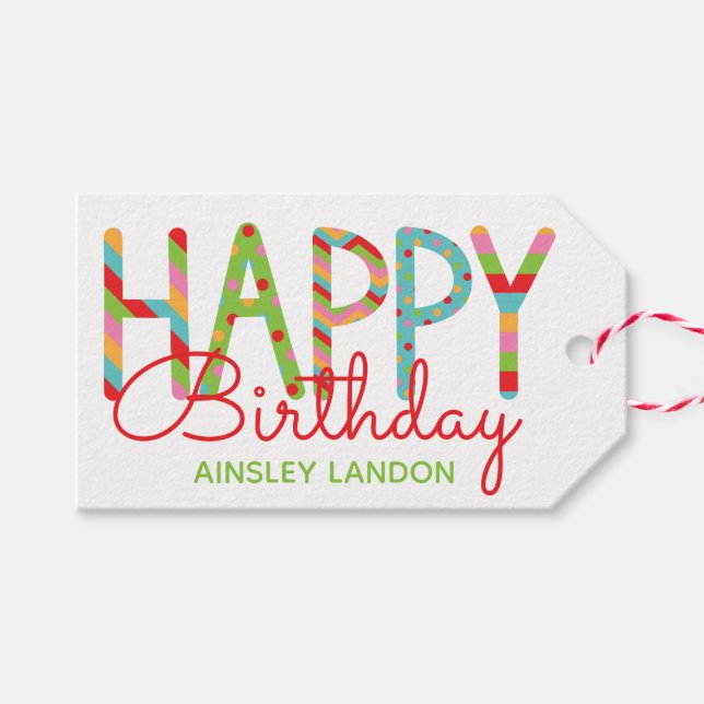 Colourful Happy Birthday Personalised Gift Tags (Front (Horizontal))