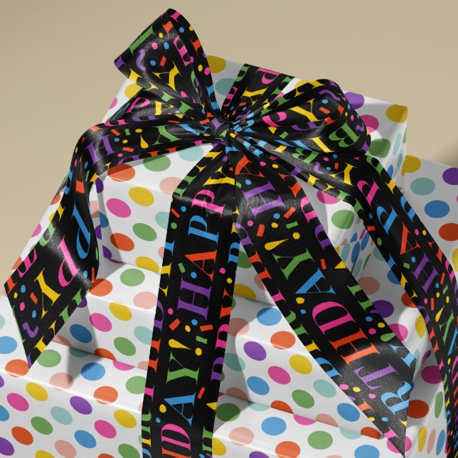 Colourful Happy Birthday Text Confetti on Black Satin Ribbon (rainbow hued happy birthday text patterned black satin ribbon for birthdays, babies and more)