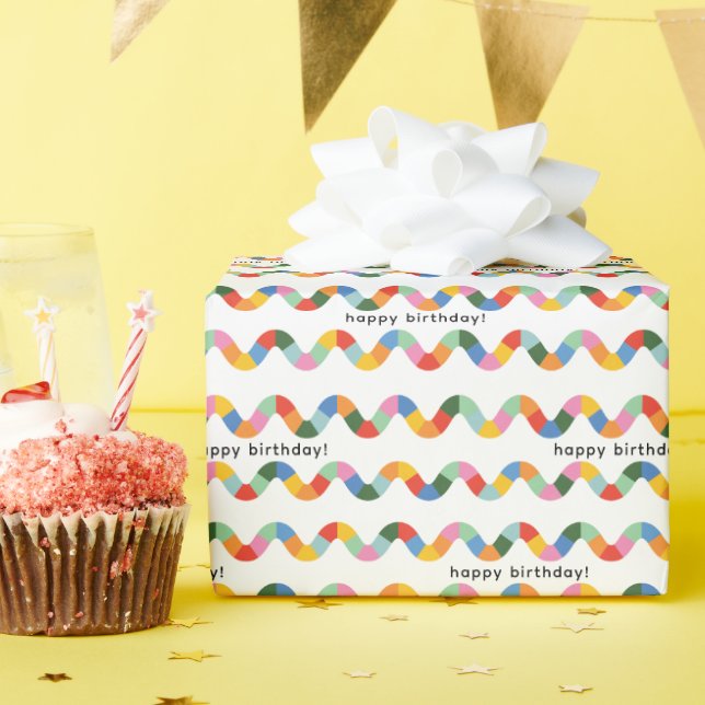 Colourful Happy Birthday Text Wavy Stripe Pattern Wrapping Paper (Birthday Party)