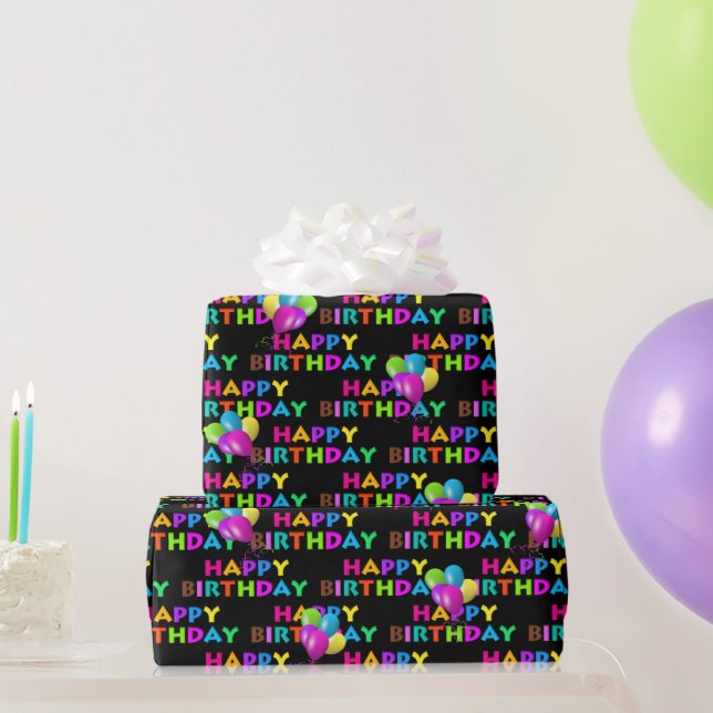 Colourful Happy Birthday Text With Balloons Wrapping Paper (Party Gifts)