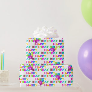 Colourful Happy Birthday Text With Balloons Wrapping Paper