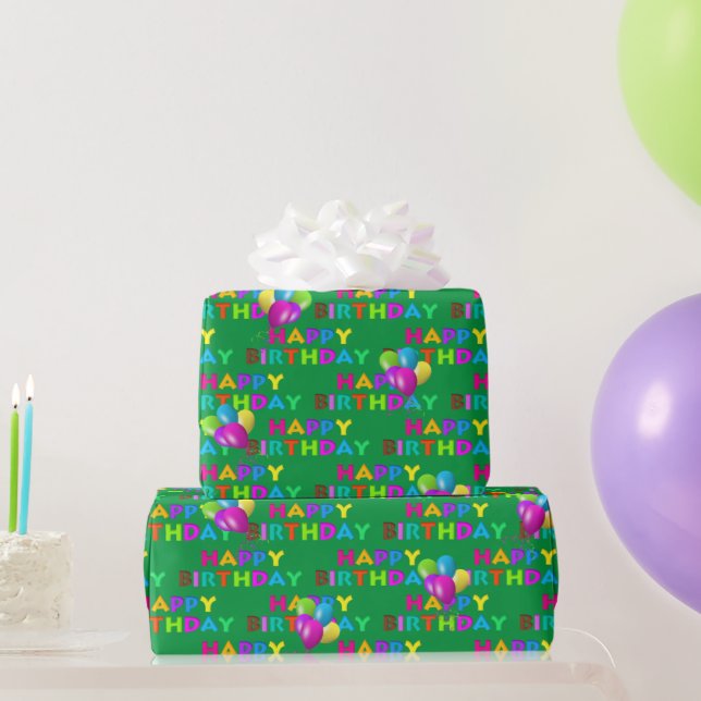 Colourful Happy Birthday Text With Balloons Wrapping Paper (Party Gifts)