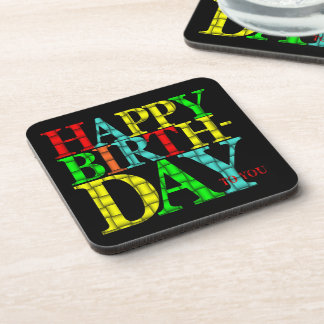 Colourful Happy Birthday Text with Black Backgroun Coaster