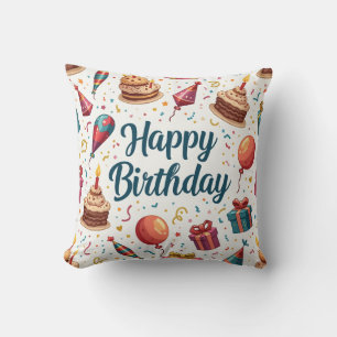 Colourful Happy Birthday Throw Pillow with Balloon