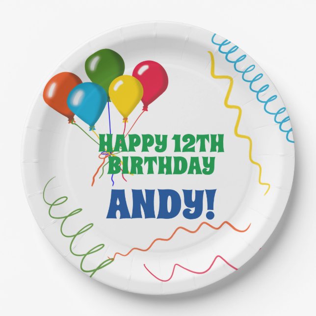Colourful Happy Birthday with Balloons Paper Plate (Front)