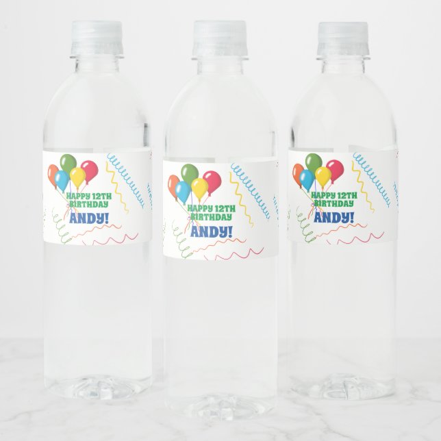 Colourful Happy Birthday with Balloons Water Bottle Label (Bottles)