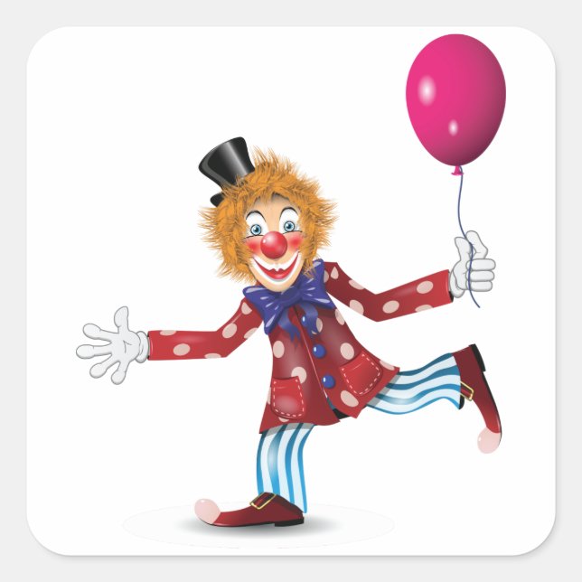 Colourful Happy Clown with Balloon Fun Circus  Square Sticker (Front)