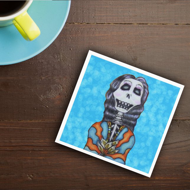 Colourful Happy Day of the Dead Skeleton Napkin (Smiling Day of the Dead femal skeleton black hair orange blue cape flowers on vibrant blue napkins.)