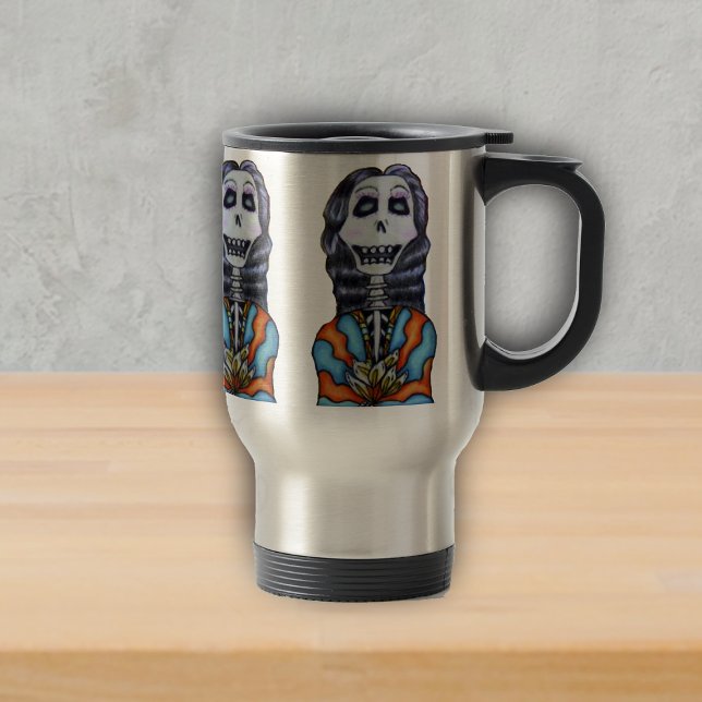 Colourful Happy Day of the Dead Skeleton Travel Mug (Happy day of the dead skeleton lady in orange blue cape with flowers black hair on travel mug.)