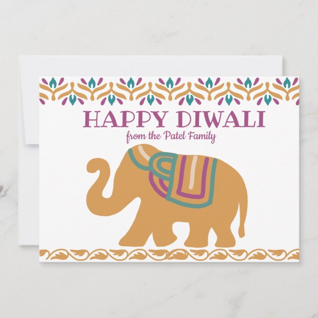 Colourful Happy Diwali Elephant and Family Photo Holiday Card (Front)