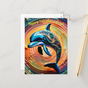 Colourful Happy Dolphin Valentines Day Holiday Postcard