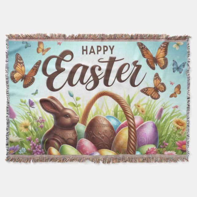 Colourful, Happy Easter basket with eggs Throw Blanket (Front)