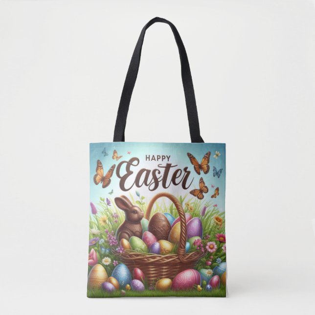 Colourful, Happy Easter basket with eggs Tote Bag (Front)