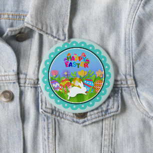 Colourful Happy Easter – Cute Bunny and Eggs 10 Cm Round Badge