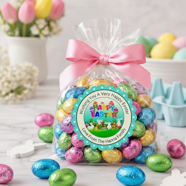 Colourful Happy Easter – Cute Bunny and Eggs Square Sticker (Creator Uploaded)