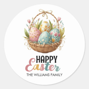 Colourful Happy Easter Egg Basket Watercolor Classic Round Sticker
