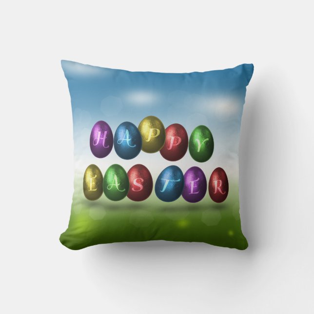 Colourful Happy Easter Eggs Cushion (Front)