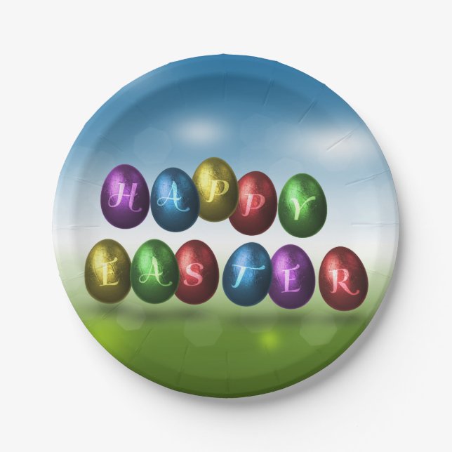 Colourful Happy Easter Eggs Paper Plate (Front)
