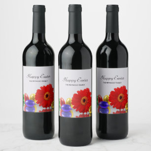 Colourful Happy Easter Eggs Red Gerbera Wine Label