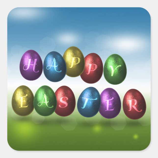 Colourful Happy Easter Eggs Square Sticker (Front)