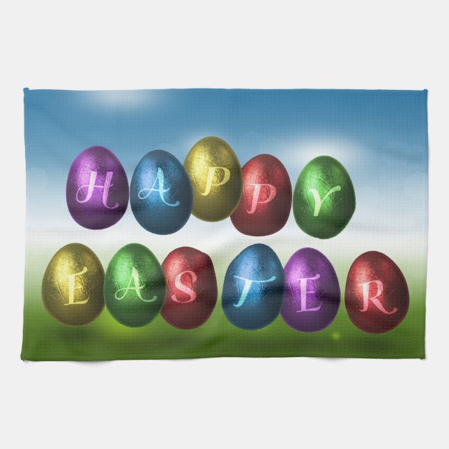 Colourful Happy Easter Eggs Tea Towel (Horizontal)