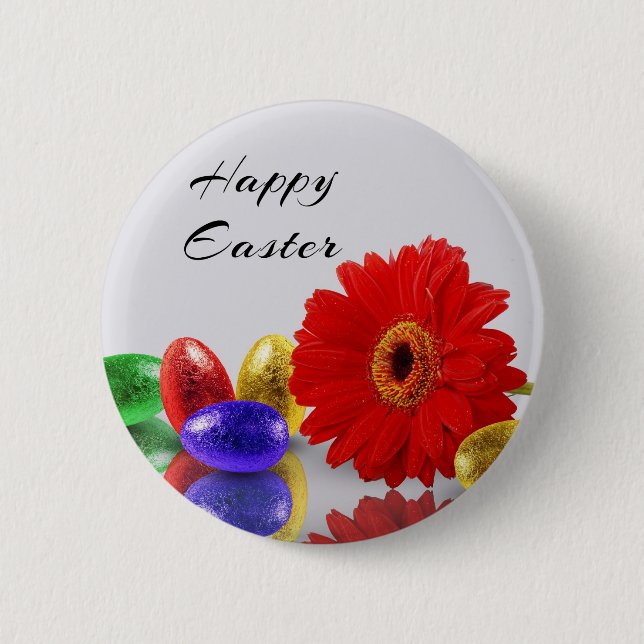 Colourful Happy Easter Eggs with Gerbera 6 Cm Round Badge (Front)