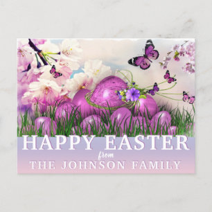 Colourful HAPPY EASTER Purple Butterflies Eggs Holiday Postcard