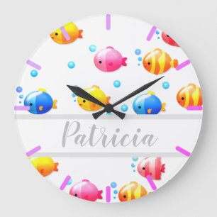 Colourful Happy Fish with Bubbles Large Clock